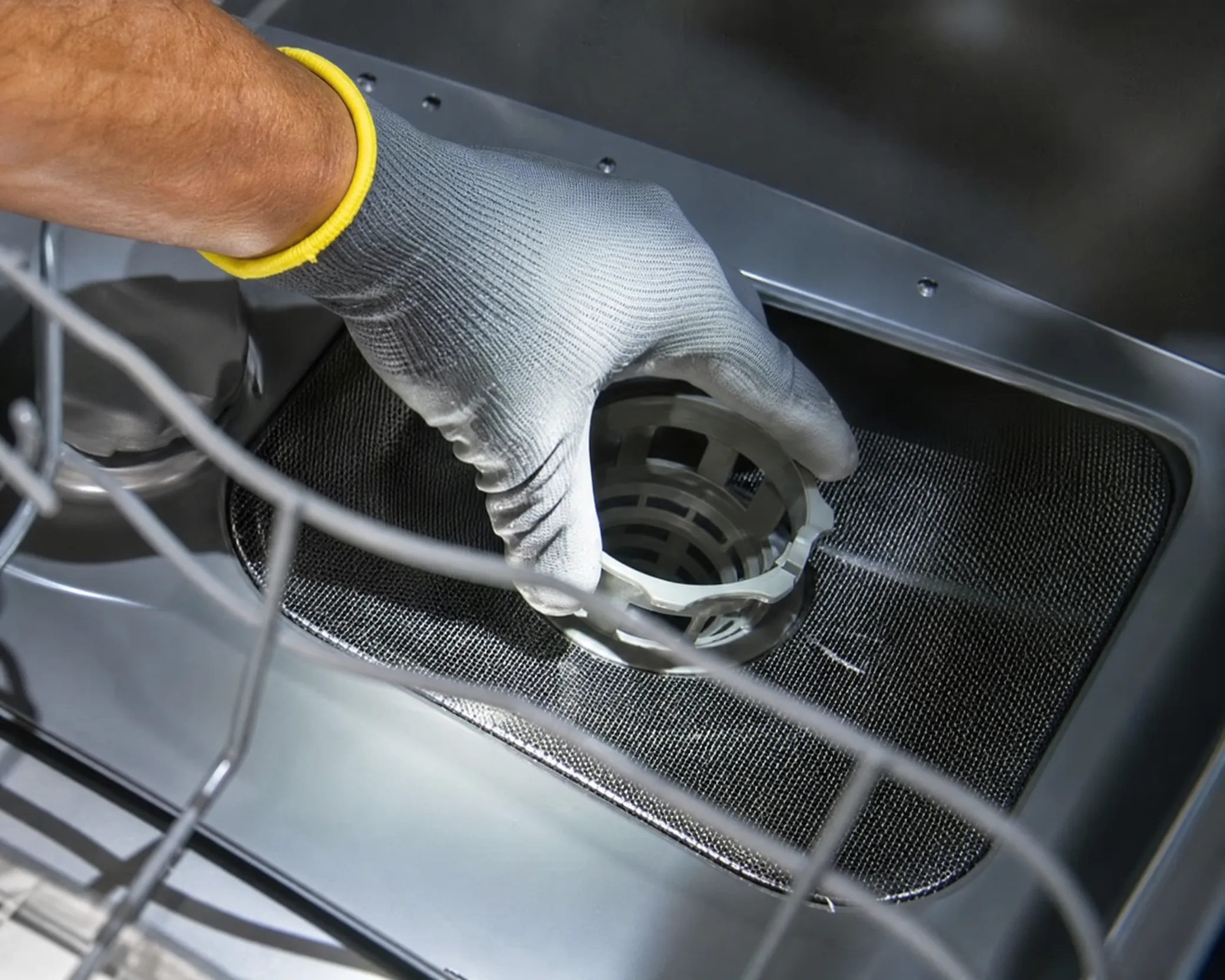 Dishwasher filter and mesh being inspected
