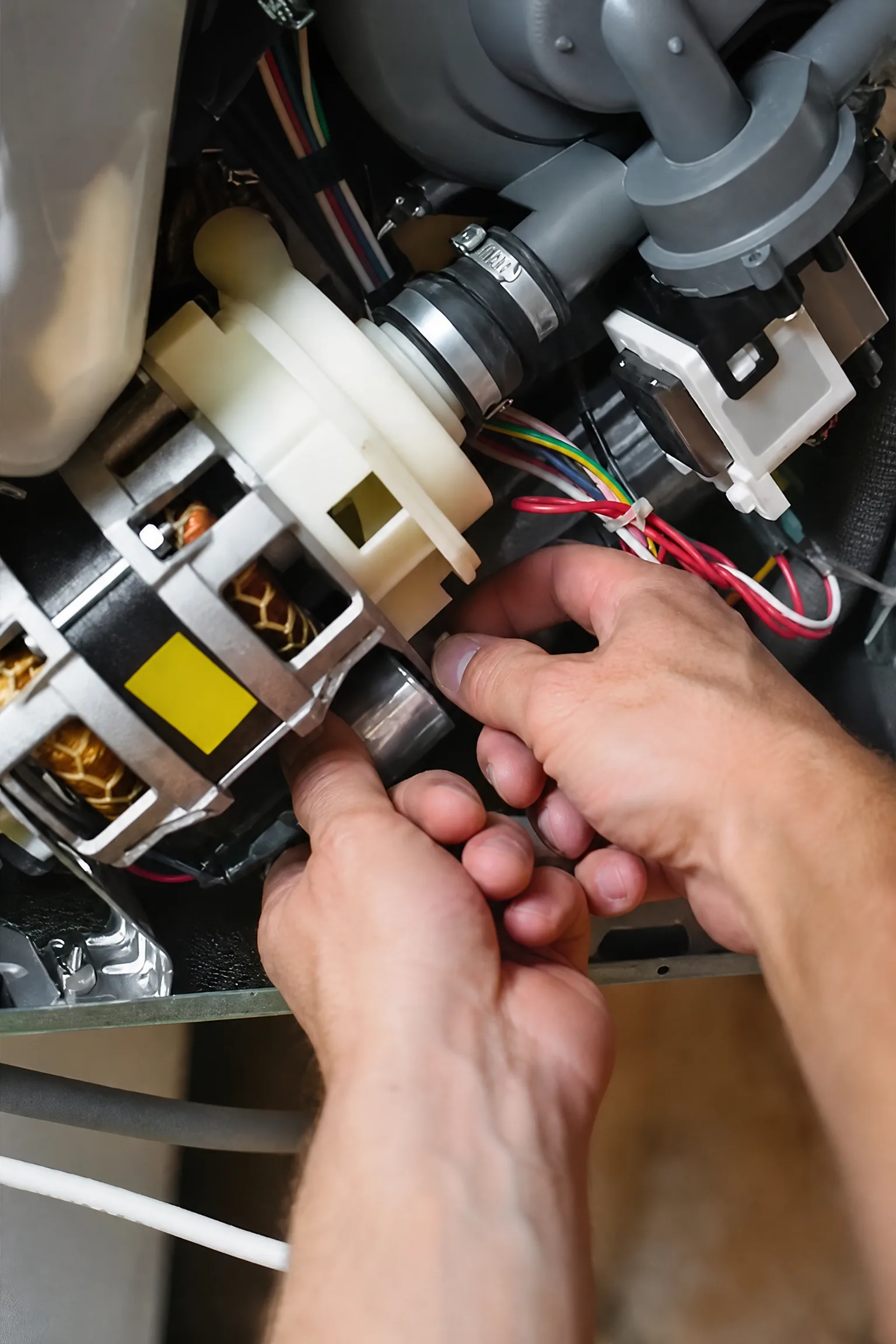 Dishwasher pump and internal components being serviced