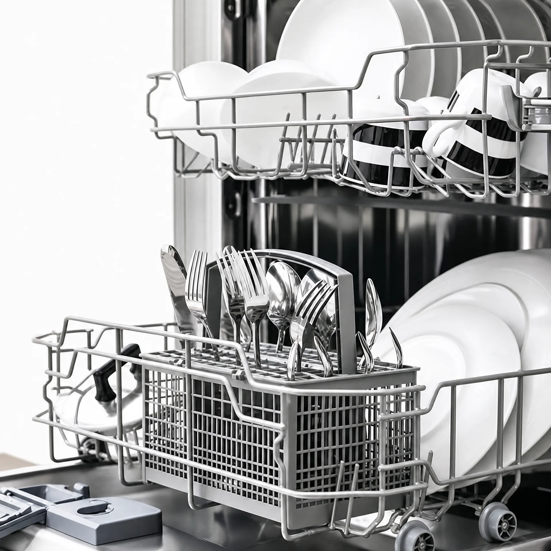 Open dishwasher racks and dishes in a kitchen setting