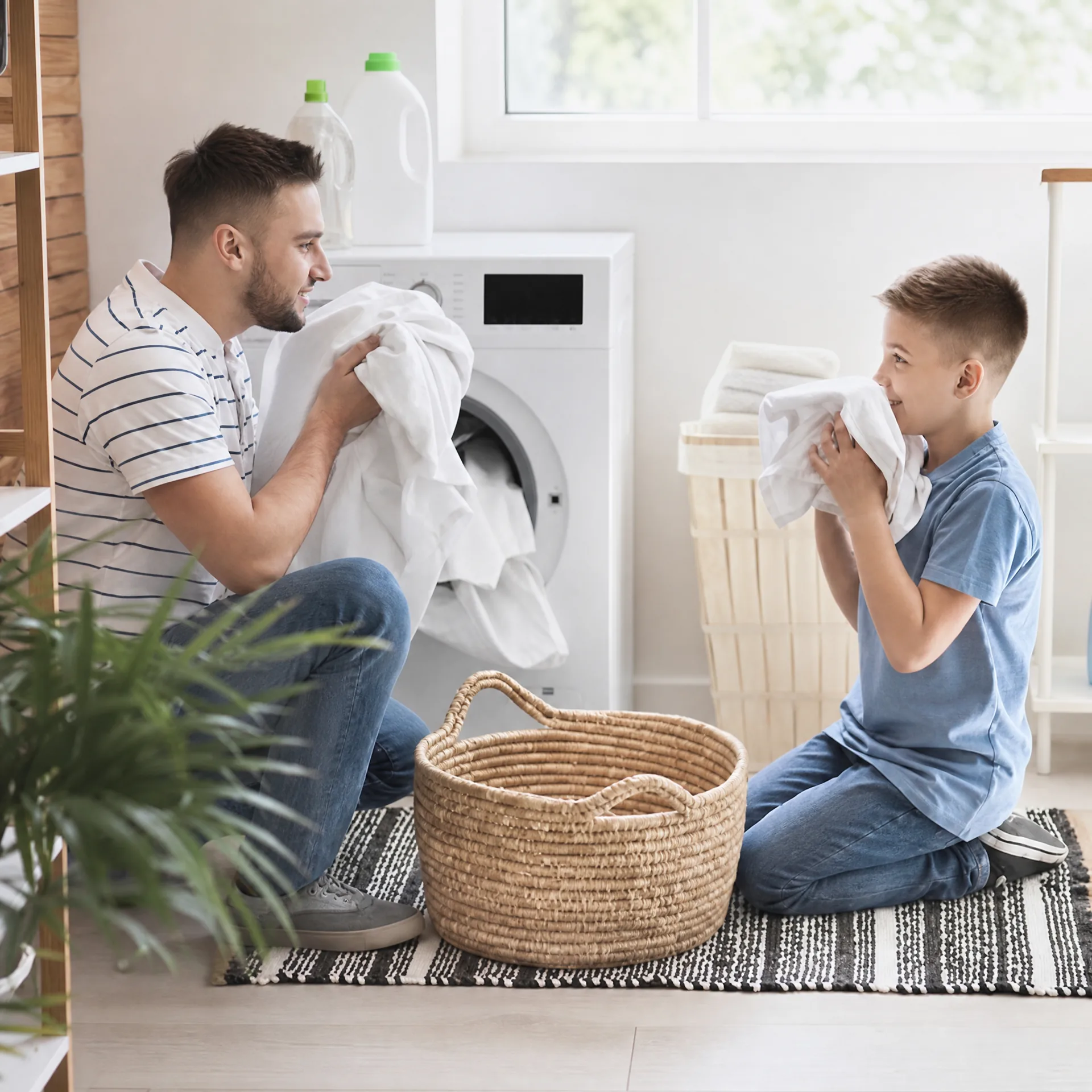 Family handling laundry beside a home dryer