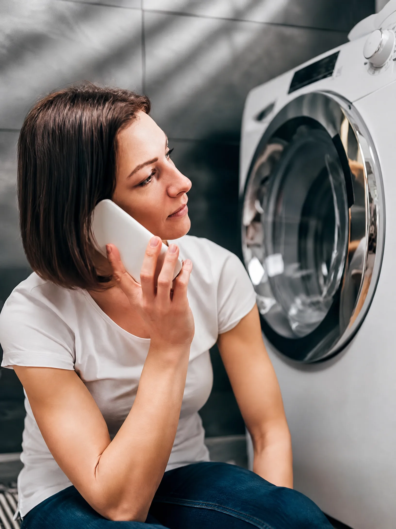 Customer beside a front-loading laundry appliance