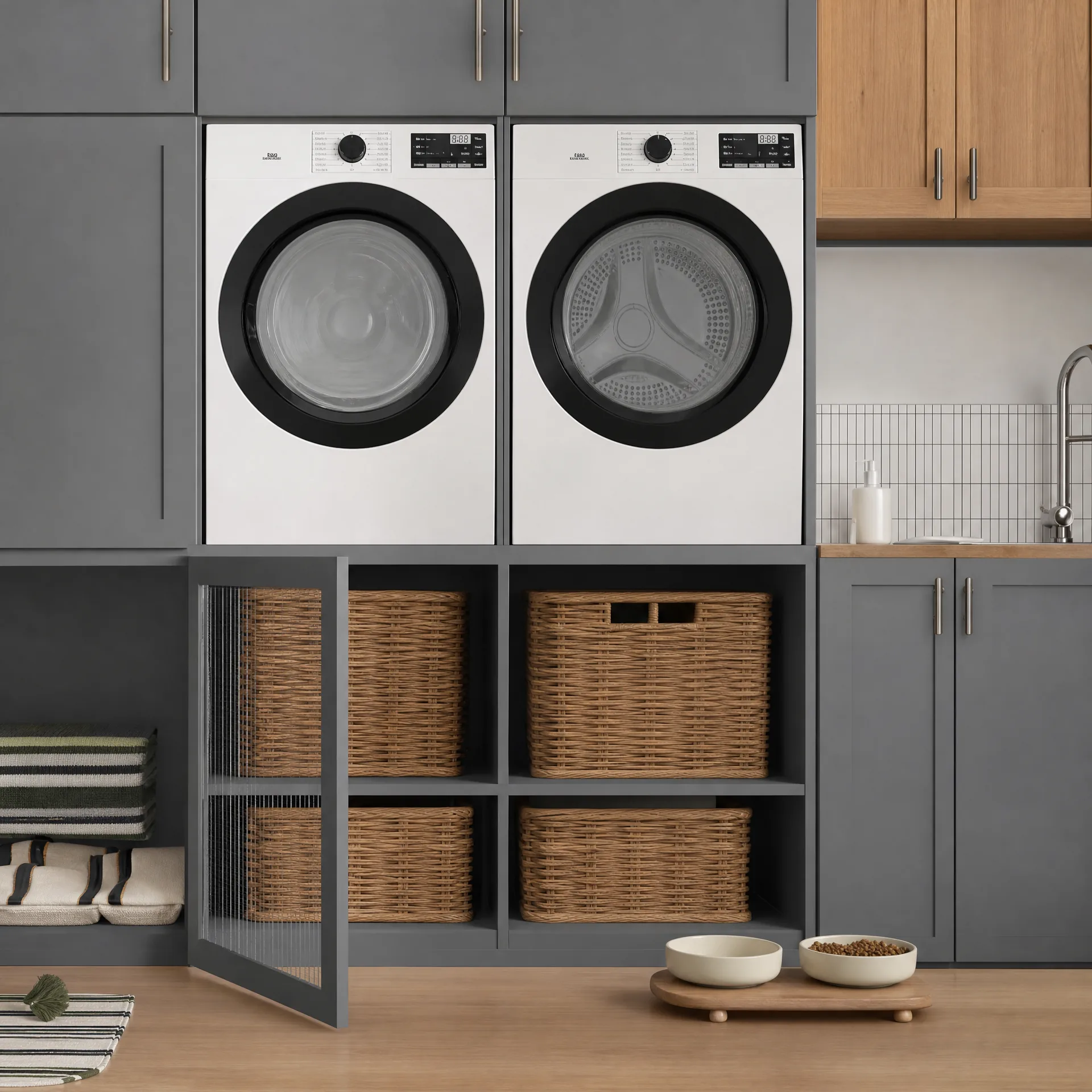 Washer and dryer appliances in a modern laundry room
