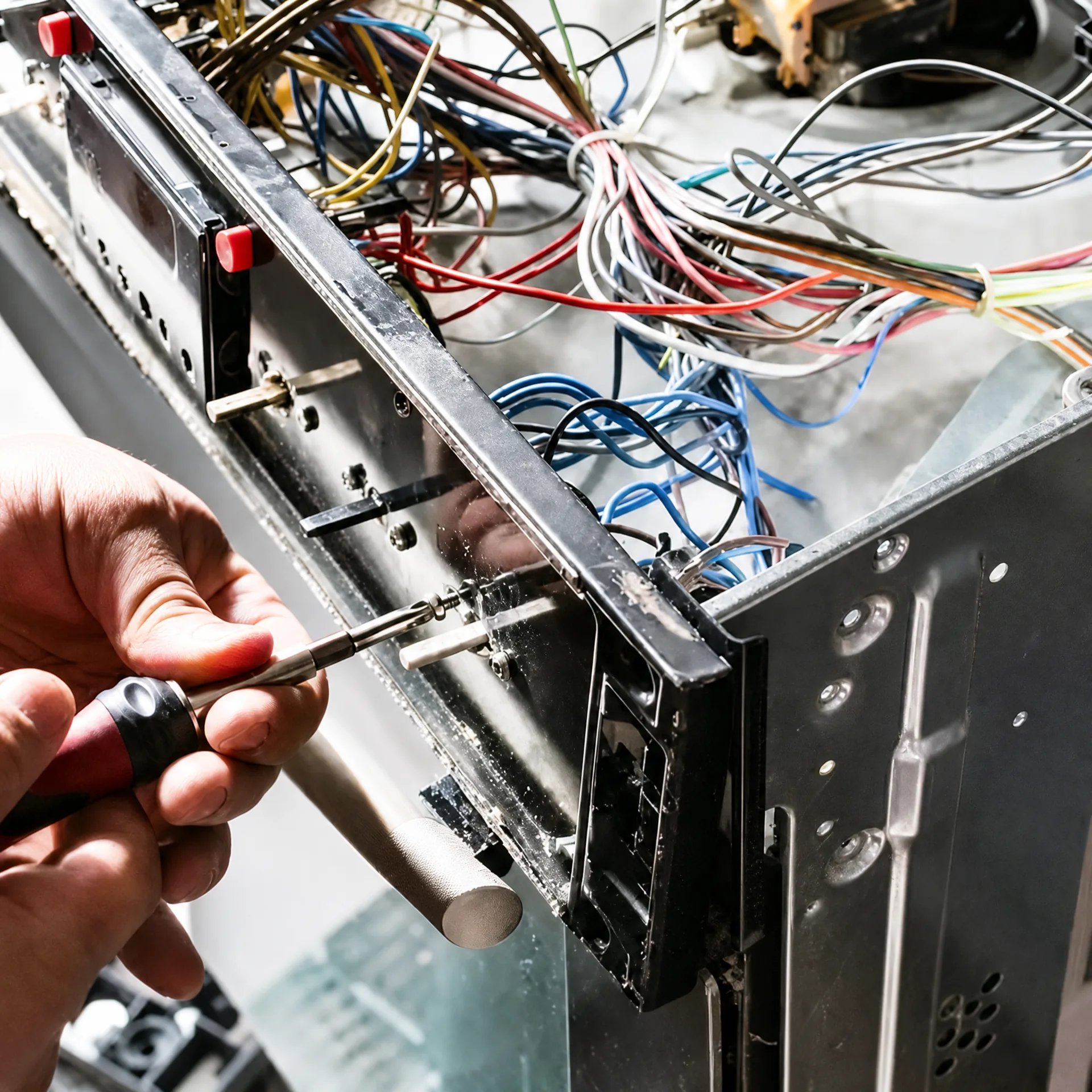 Oven electrical components being inspected