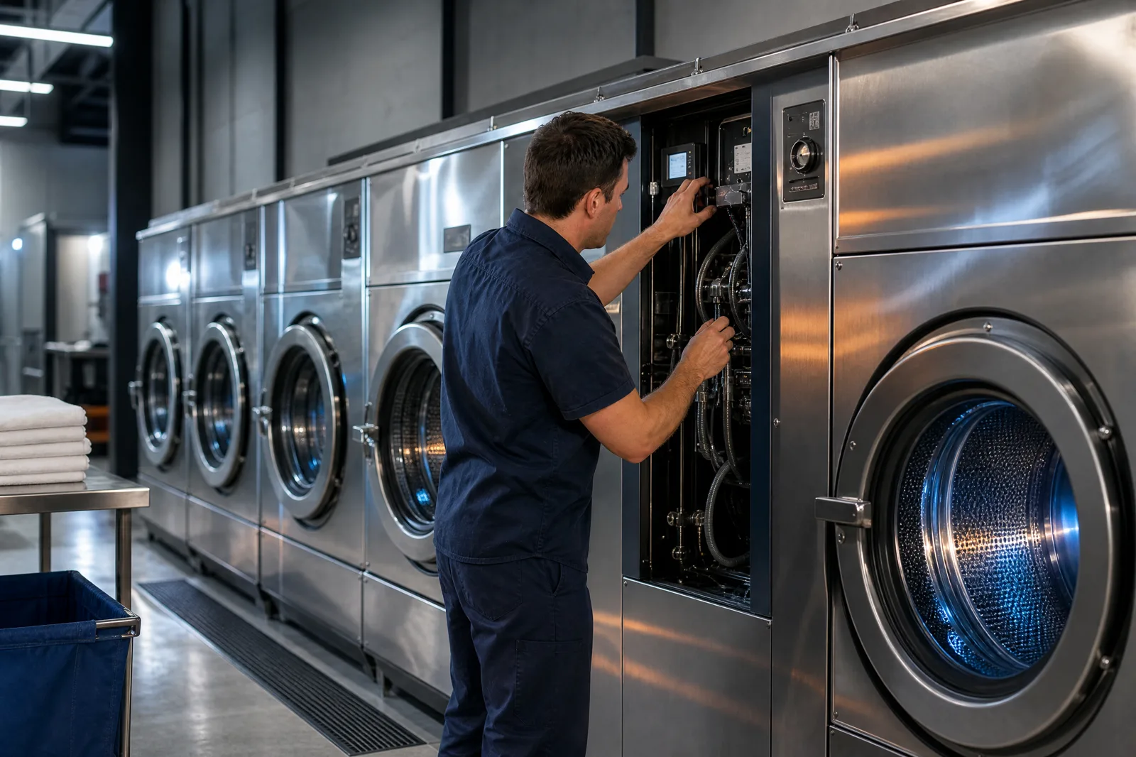 Technician inspecting commercial laundry equipment