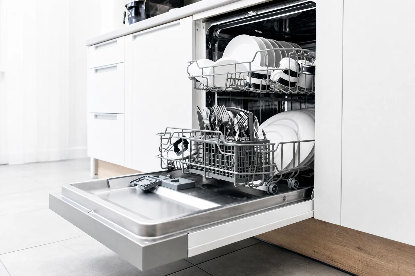 Technician working inside a dishwasher