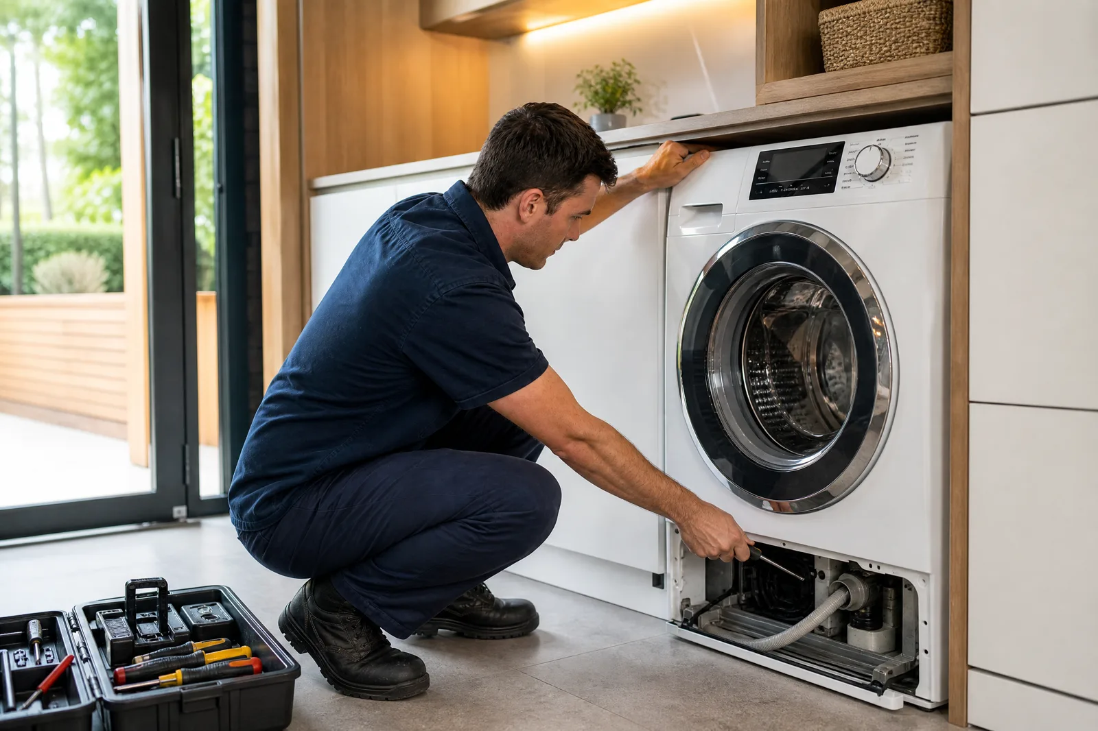 Washing machine servicing context in a laundry
